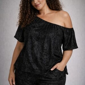 Xpluswear Black Textured Asymmetric Off-Shoulder Lounge Set
